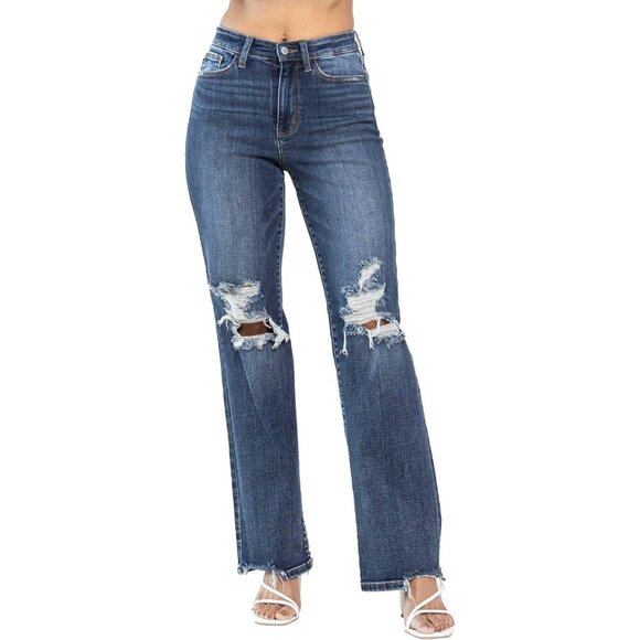 Women's High-Rise Straight Leg Ripped Denim Jeans Plus Size Dark Blue